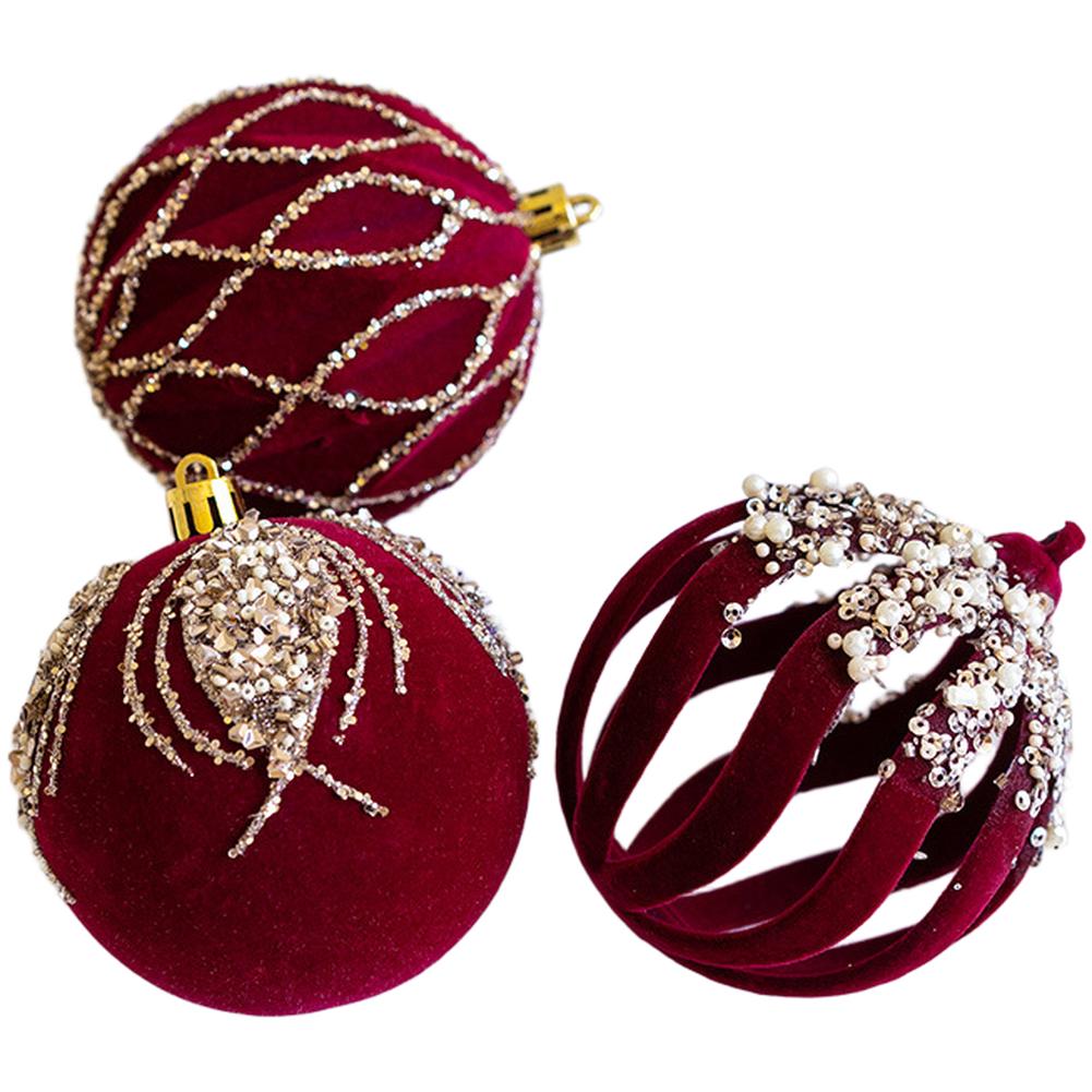 3pcs 8cm Wine Red Flocked Christmas Ornaments Christmas Tree Decorations Plastic Christmas Ball Festive Party Supplies For Home