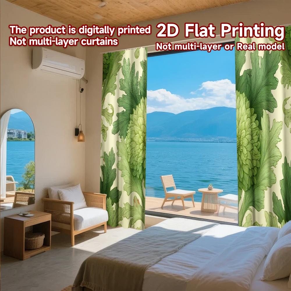 2D FLAT PRINTING 2pcs Curtains (Without Rod) Floral Green Motif Holiday Easter Printed Curtains Yarn Curtains Holiday Use for