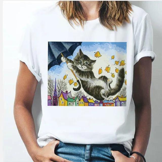 Oil Painting Cat Women's Fashion Personality Spoof Classic Oil Painting T-shirt Women Clothing Tops Harajuku Aesthetic Oversized
