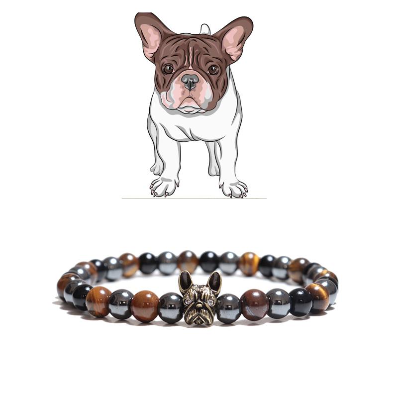 Unique French Bulldog Bracelet Men Natural Tiger Eyes Hematite Turquoises Stone Elastic Bangles Charm Meditation Erkek Bileklik