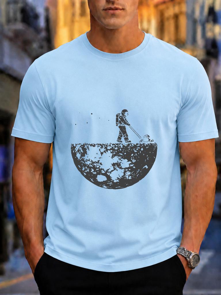 2026 New Arrival Pure Cotton Tshirt Creative Astronaut Mowing On The Moon Print Crew Neck Unisex Top Casual Short Sleeve
