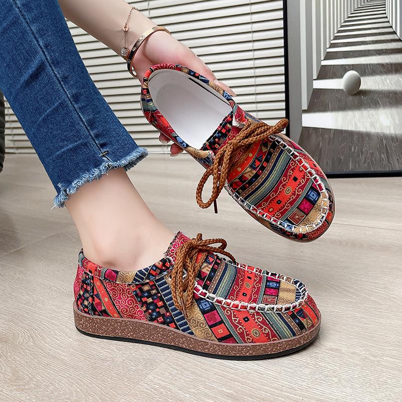 Fashion Shoes Female 2025 Lace-up Women's Flats Fashion Printing Hot Sale Plus Size Best Seller Light Outdoor Casual Flat Single Shoes