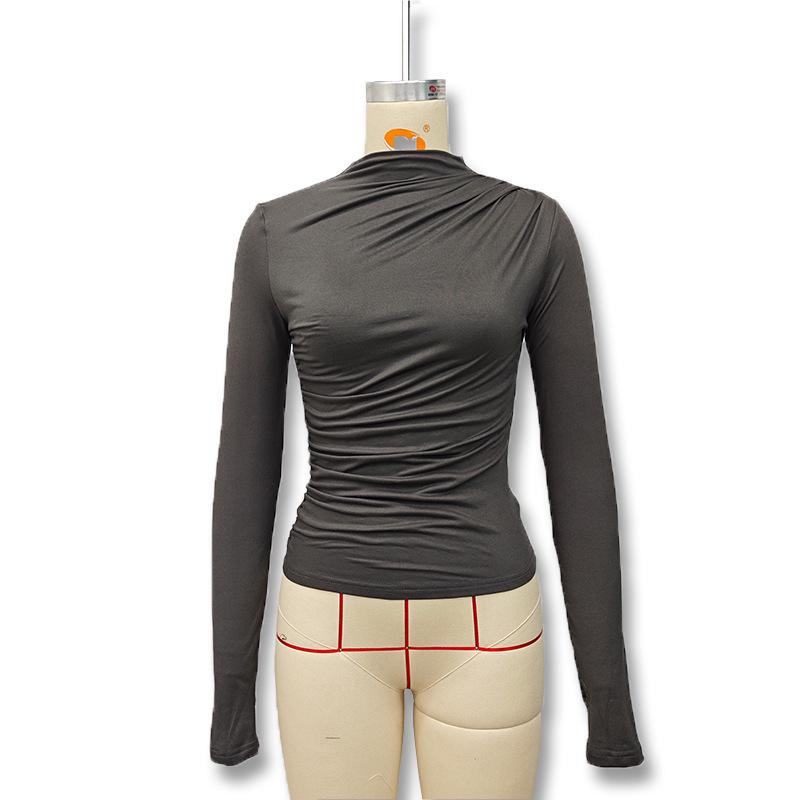 2024 Autumn/Winter Slim-Fit High-Neck Pleated Long-Sleeve Women's Top