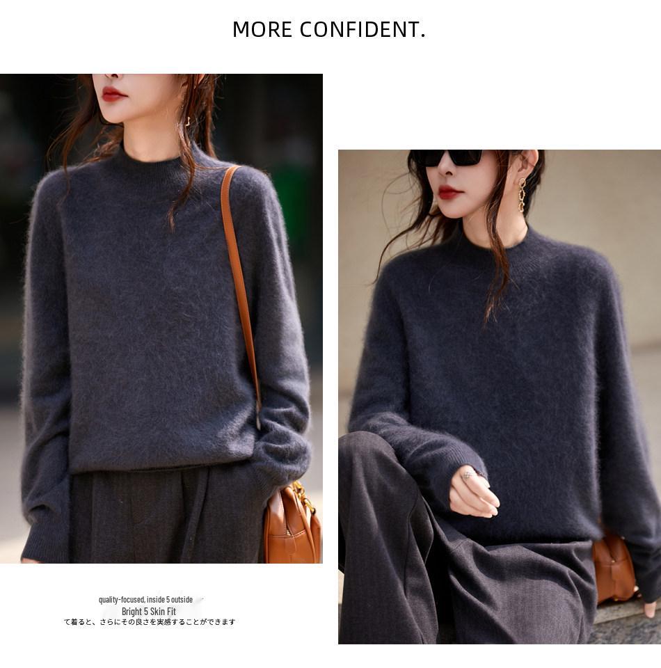 Milk Huhu Women's Solid Color Half-High Collar Wool Knit Sweater - Lazy Style, Brushed Fleece for Autumn/Winter