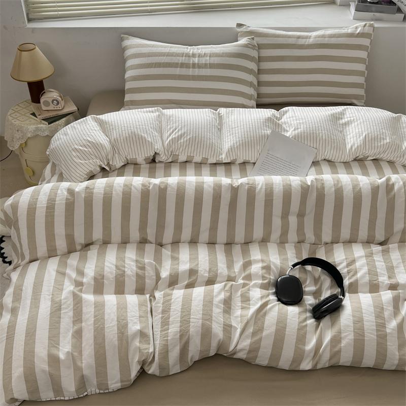 

2 Pillowcase 48x74 with Sheet Bedding Cover 200x230 220x245 Skin Friendly Washed Cotton Double Yarn Crepe Striped Quilt Set Flat Bed Sheet&180x220cm 4pcs