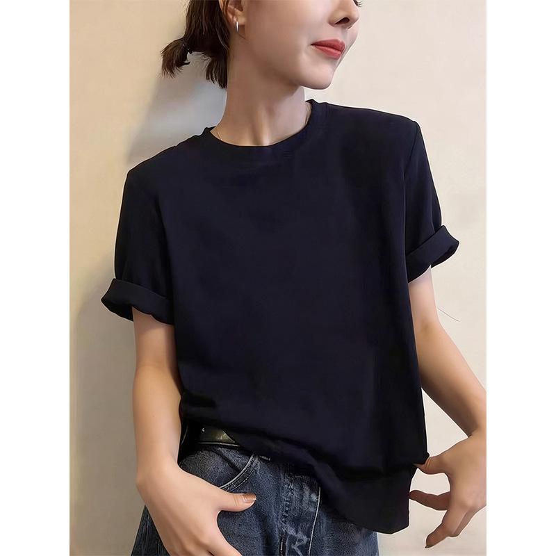 Graues Damen-T-Shirt aus reiner Baumwolle mit Rundhalsausschnitt und kurzen Ärmeln – Modisches, vielseitiges Basic für Frühling, Sommer und Herbst.