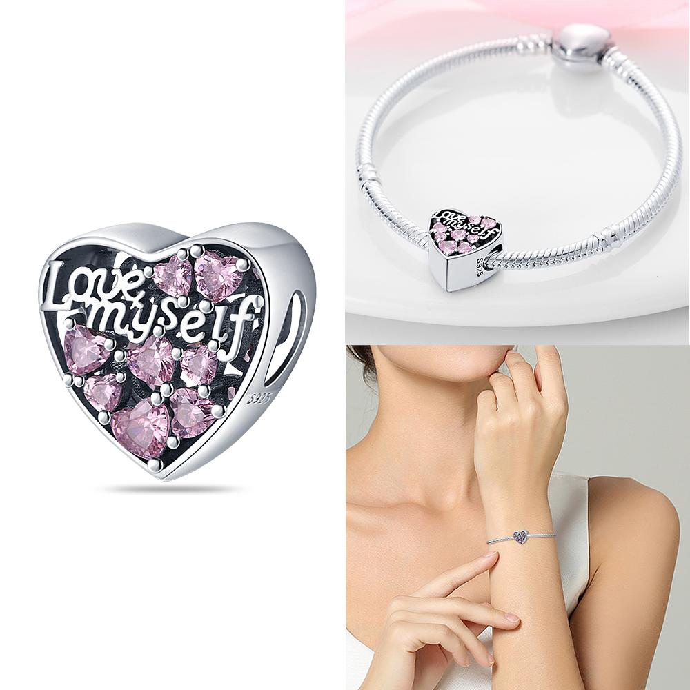 Original Charms Copper Pink Love Heart Zircon Cherry Love Rose Flower Beads Fit Bracelet Women Jewelry Diy Accessory Gift