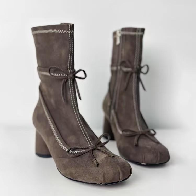 

Новый дизайн ниши с круглой головкой, балетный стиль, увеличивающий рост, с бантом, тонкие ботильоны, женские на толстом каблуке, боковая молния, маленькие короткие ботильоны 40 коричневый