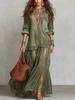 Women Denim Print Mesh Maxi Dress Casual V Neck Long Sleeve Tiered Ruffle Beach Vacation Dress
