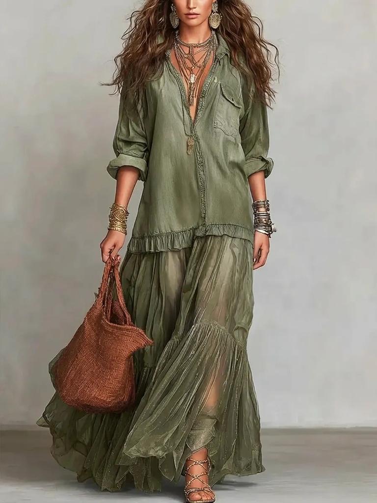 Women Denim Print Mesh Maxi Dress Casual V Neck Long Sleeve Tiered Ruffle Beach Vacation Dress