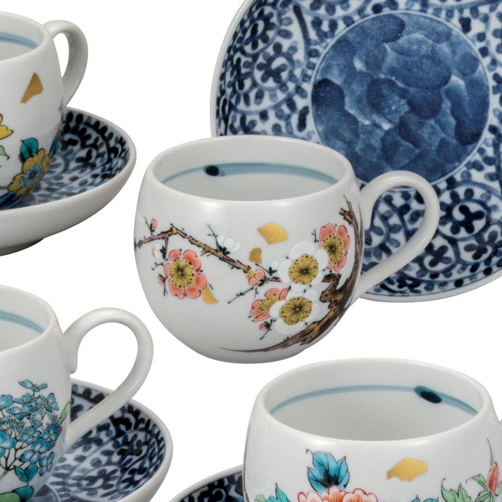 Kutani ware Iwataya coffee set with floral pattern, K8-1023