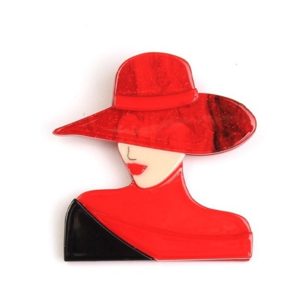 Acrylic Lady with Hat Brooch Cartoon Modern Girls Badge Women Portrait Pin  Clothing Accessories