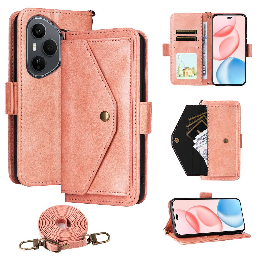 For Honor 400 Pro 5G (Global) Leather Case Magnetic Closure Wallet Stand Phone Cover with Crossbody Strap