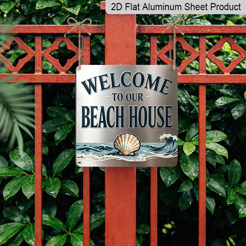 2D Flat, 1pc Vintage Coastal Metal Aluminum Plaque - Welcome To Our Beach House with Turquoise & Golden Nautical Design, Seashell & Wave Patterns