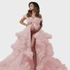 Off-Shoulder High Waist Maternity Gown with Front Slit and Puffy Tulle Skirt