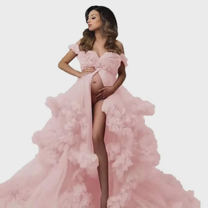 Off-Shoulder High Waist Maternity Gown with Front Slit and Puffy Tulle Skirt
