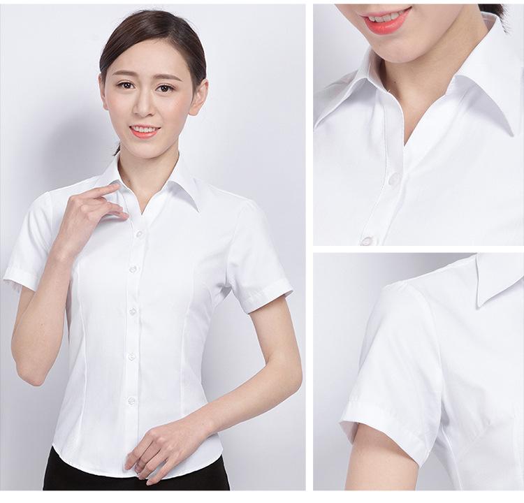 Camisa Social Feminina Slim Fit de Manga Curta - Branca com Listras Azuis, Sem Ferro, Gola V.