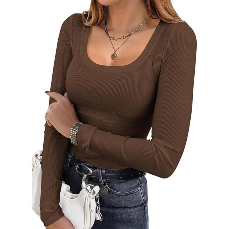 Womens Long Sleeve Shirt Square Neck Tops Ribbed Knit Basic Tee Top Teen Girls Fall Outfits Fashion Clothes 2026