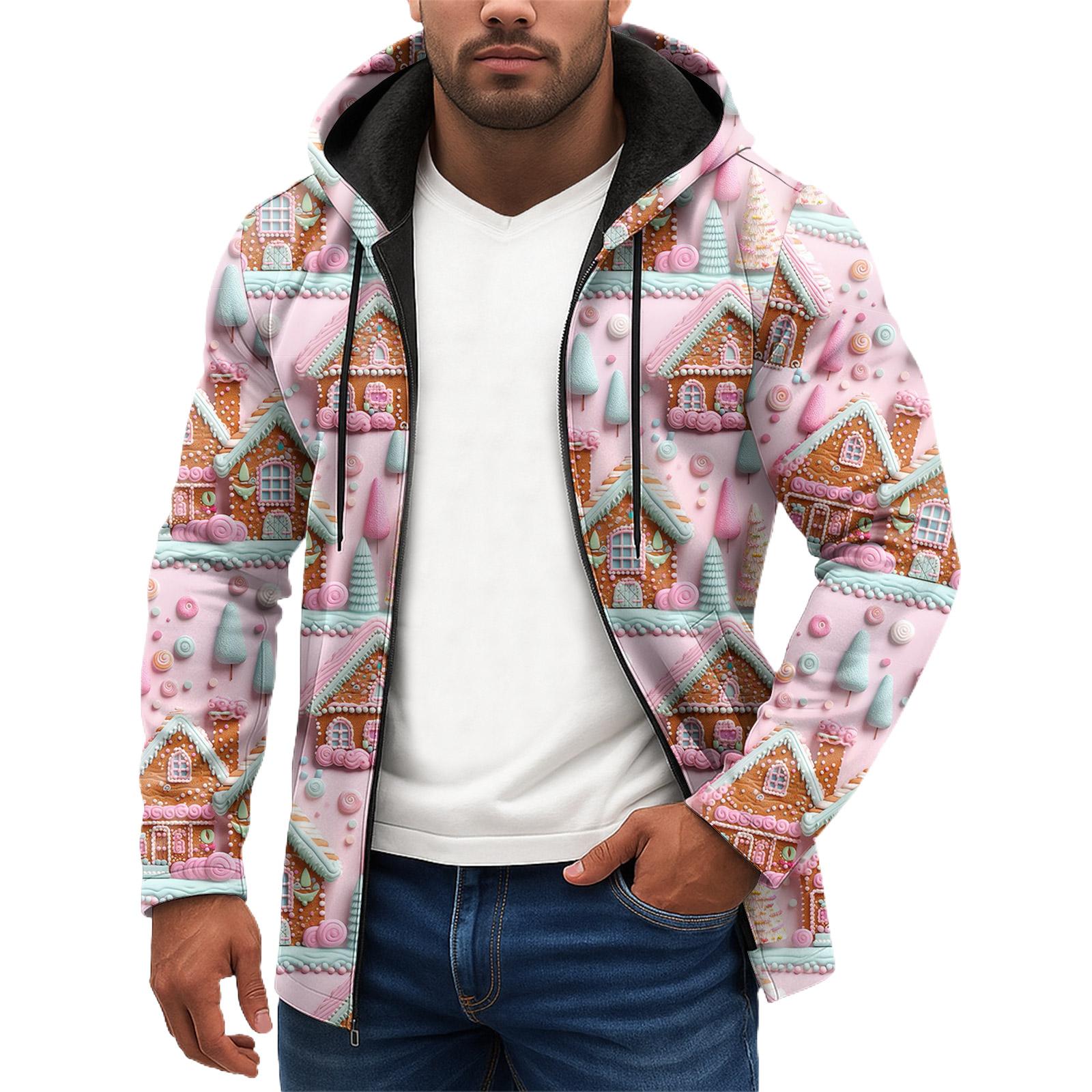 

Рождественский принт - Мужская повседневная толстовка с капюшоном на молнии с длинными рукавами XXXL розовый