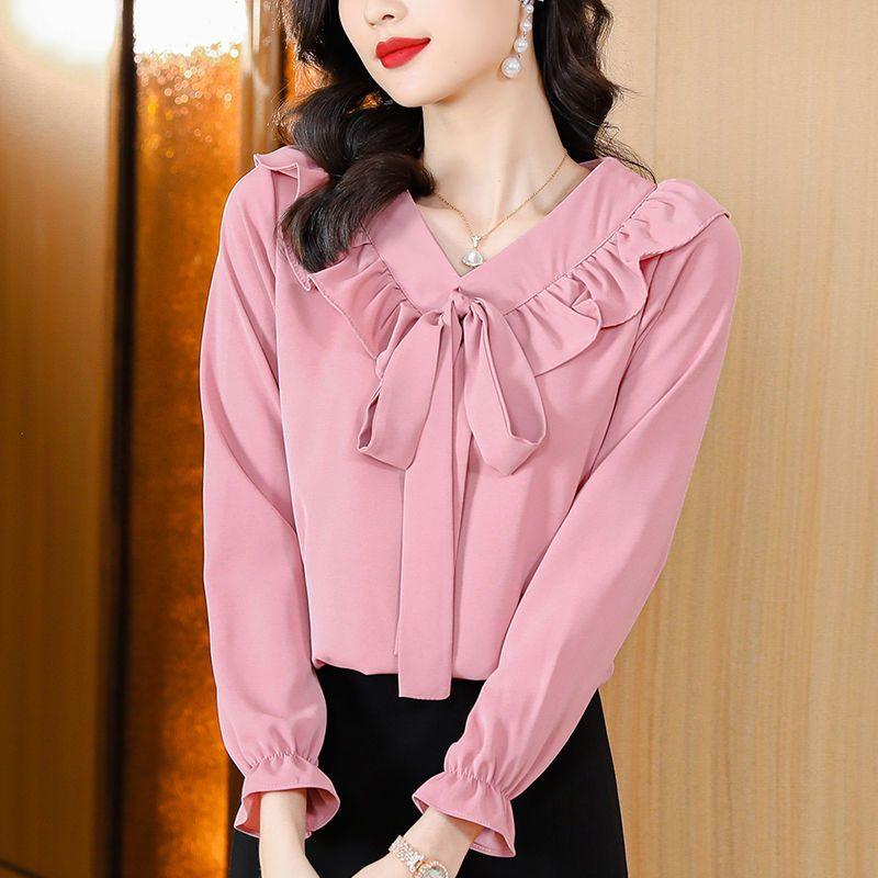 Elegant Female V-Neck Ruffles Shirt Commuter Fashion Spring Autumn Solid Color Flare Sleeve Lace Up Blouse Women's Clothing New