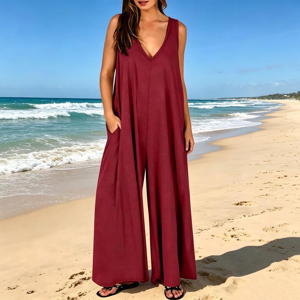 Women's Sleeveless Jumpsuit Wide Leg Pocket Romper V Neck Casual Loose Fit One Piece Outfit