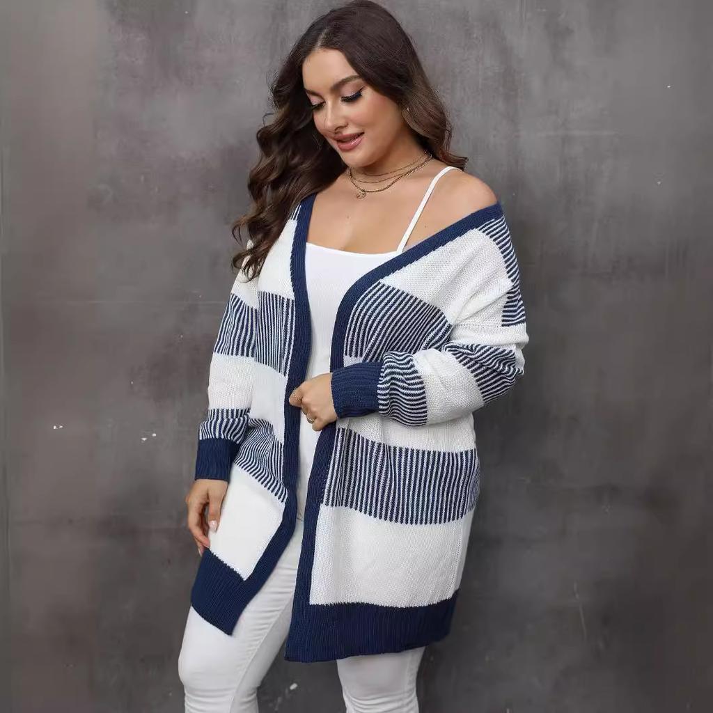 Women's Cardigan Autumn and Winter European and American Large-size Women's Clothing Contrasting Colors Striped Splicing Woven Casual Sweater Jacket