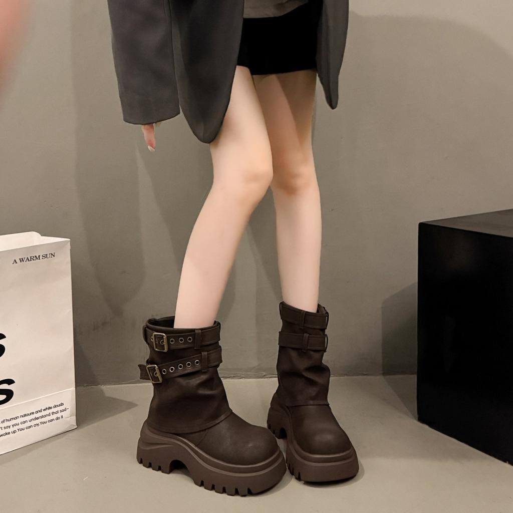 [Fanfna] 2025 Autumn New Thick-soled Heightening Stacked Martin Boots Women's Small Maillard Trouser Boots