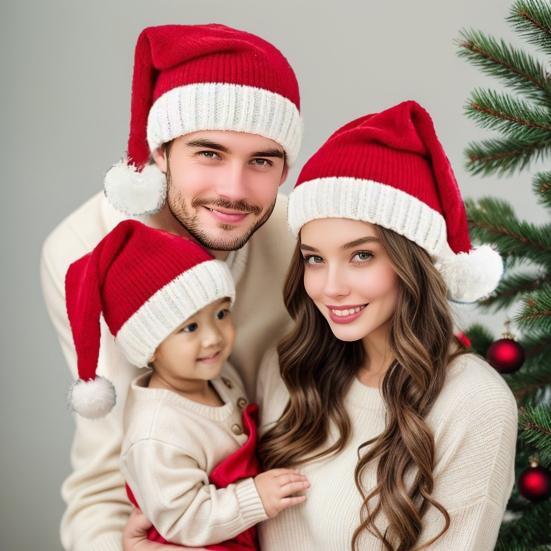Santa Hat for Adults Kids Soft Knitted Christmas Hat Classic Red Parent-Child Skull Cap with Pompom for Xmas New Year Party Supplies