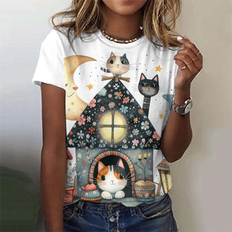 3D Printed Cute Cat T-Shirt For Women Flower Plants Animal Graphic Tees Summer Casual Loose T Shirts O-Neck Tops Short Sleeves