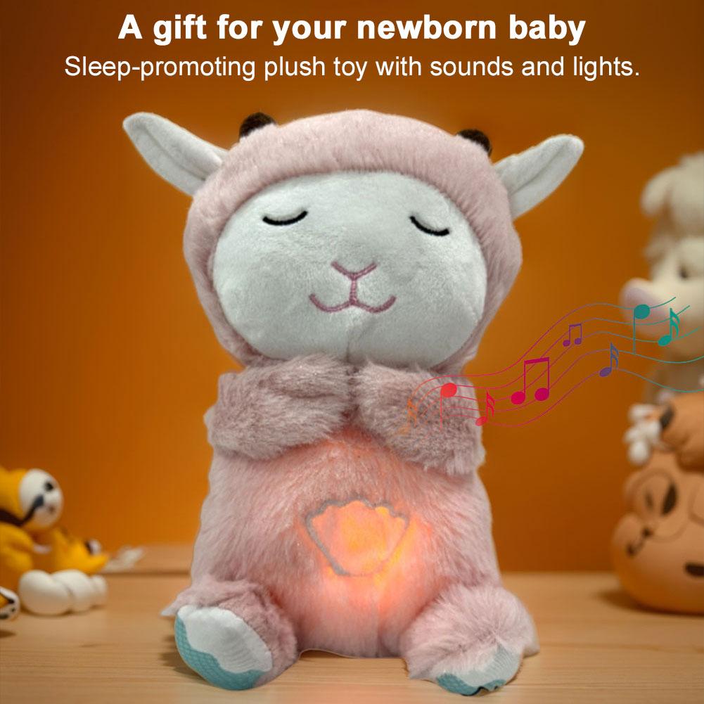 Cute Animal Comfort Doll with Music Lights Rhythmic Breathing Motion Plush Stuffed Animal Musical Baby Toy for Newborn Infants