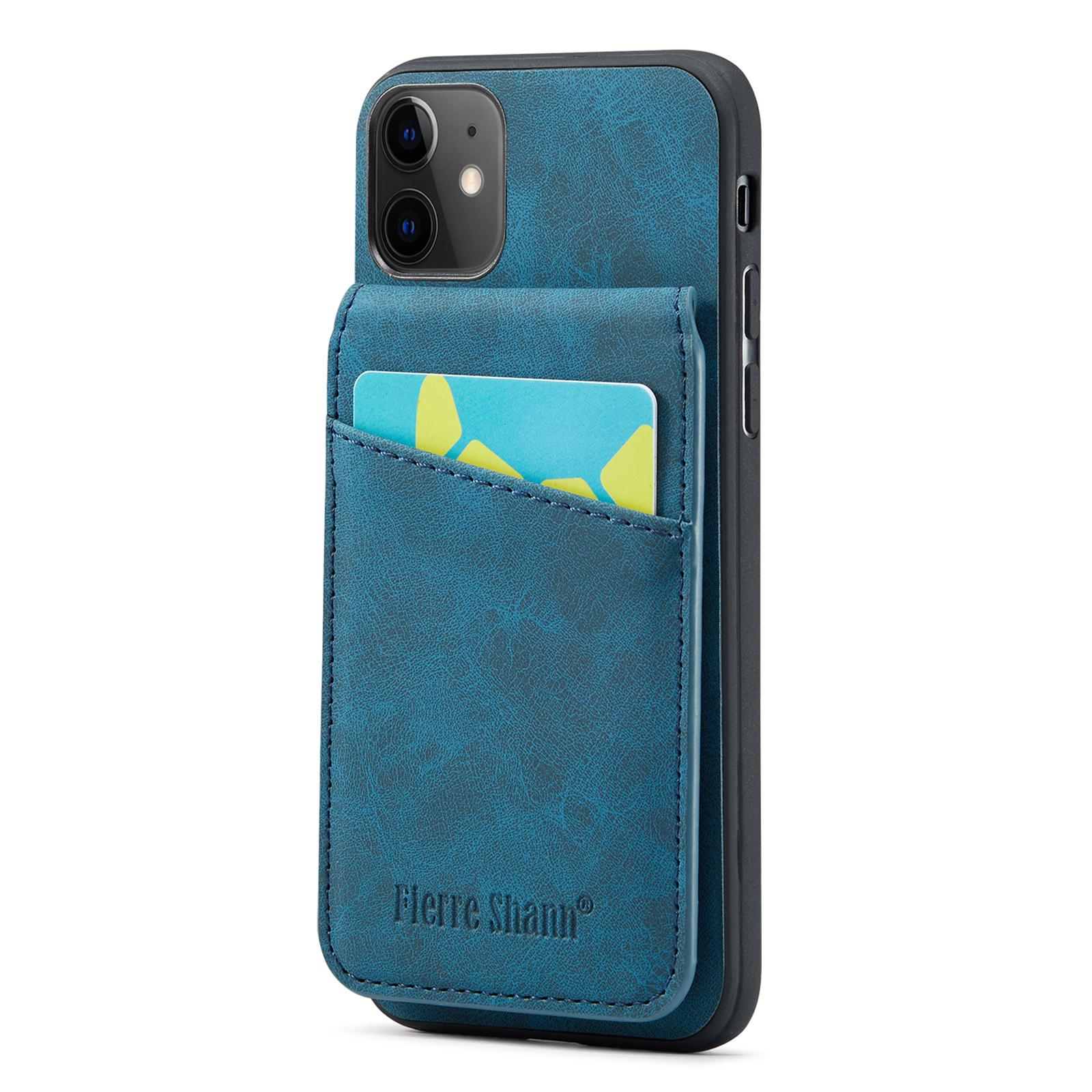 

FIERRE SHANN Kickstand Phone Cover for iPhone 11 Crazy Horse Texture PU Leather+TPU Card Slot Case Blue