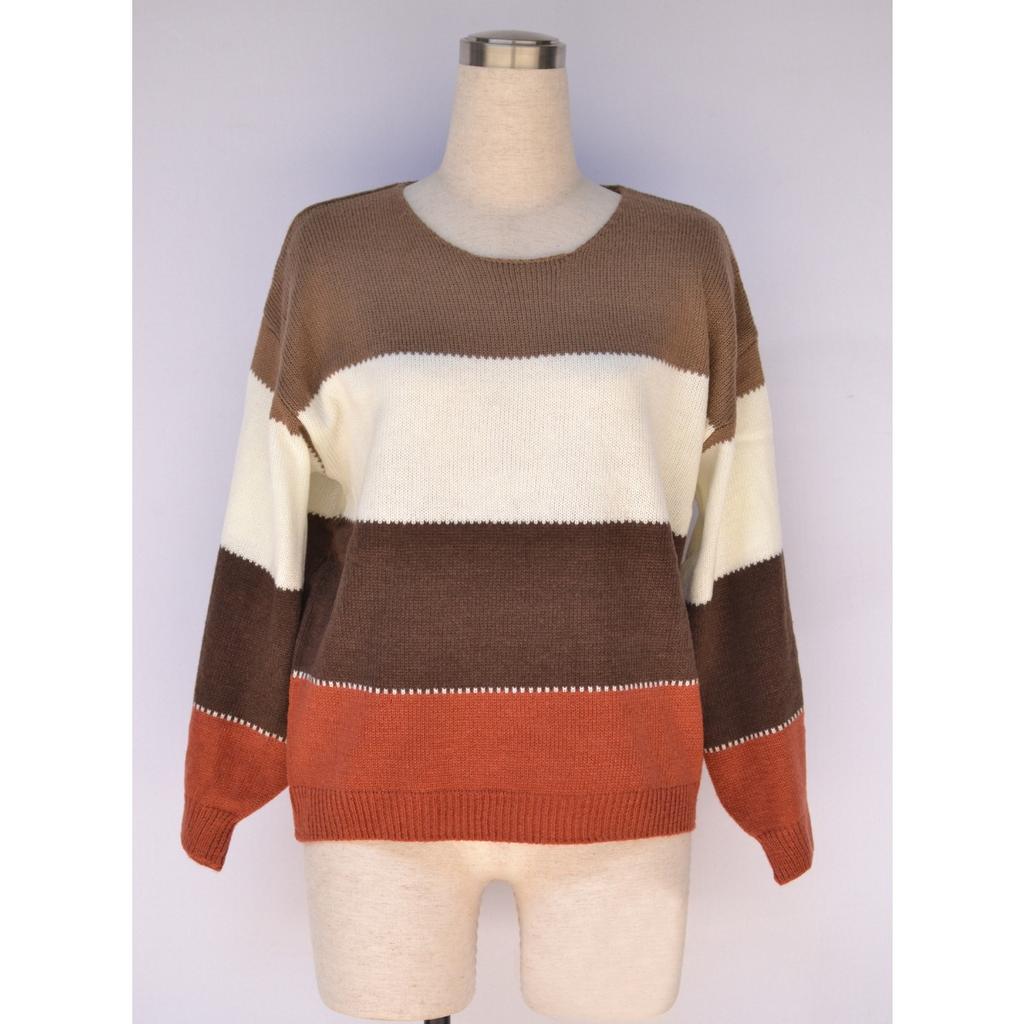 2025 Spring New Sweater Color Matching New Round Neck Medium and Long Loose Knitted Large Size Sweater