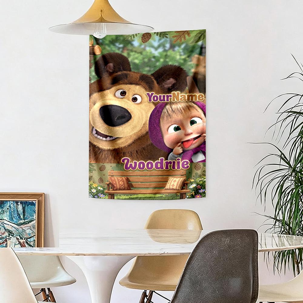 Masha Bear Custom Your Name Wall Decor Tapestry Art For Pet Memorial Birthdaywedding Party Backdrop Family Gift