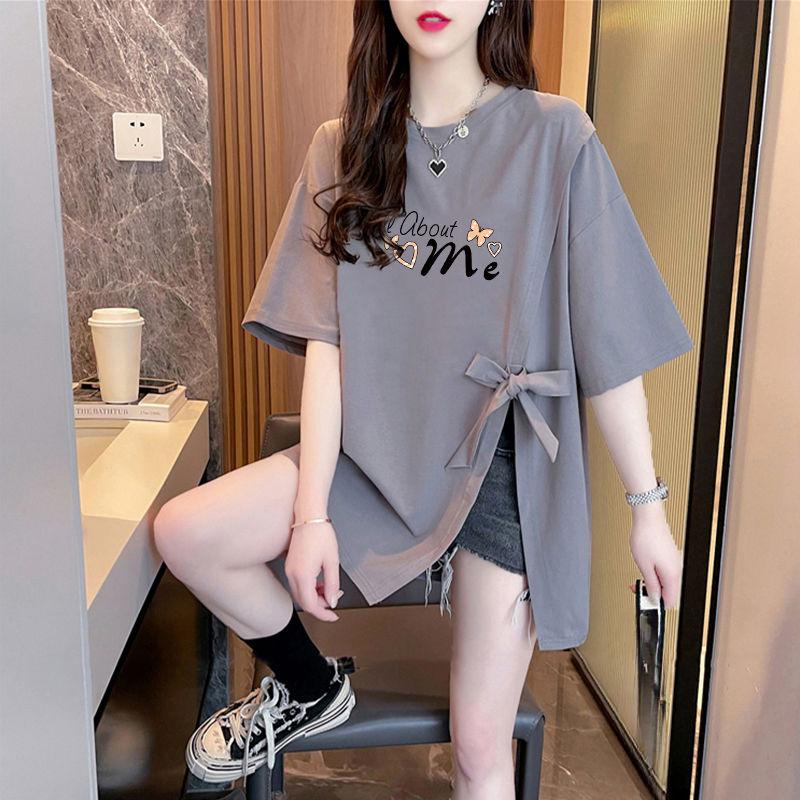 Korean Style Casual Letter Print Short Sleeve T-shirts Women's Summer T-Shirt Loose Fit Bow Splicing Tops