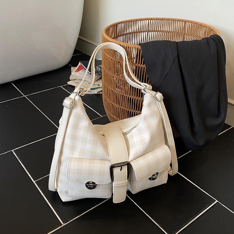 Retro multi-pocket women's bag large-capacity casual commuter bag women's fashion plaid double shoulder shoulder bag