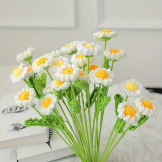 Crochet Flower with Leaves Handmade Knitting Yarn Floral Decoration Home Office Table Centerpiece Mother's