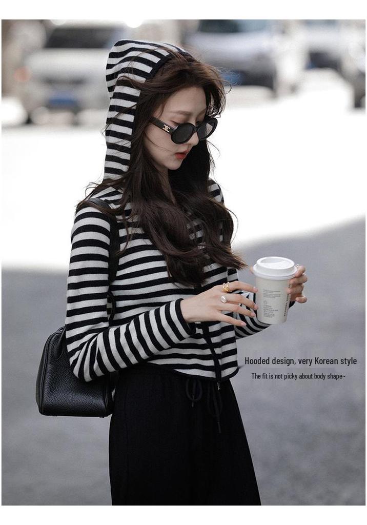 Women's Black & White Striped Hooded Knit Cardigan - Slim Fit, High Waist, Fine Wool, Long Sleeve, Spring/Autumn.