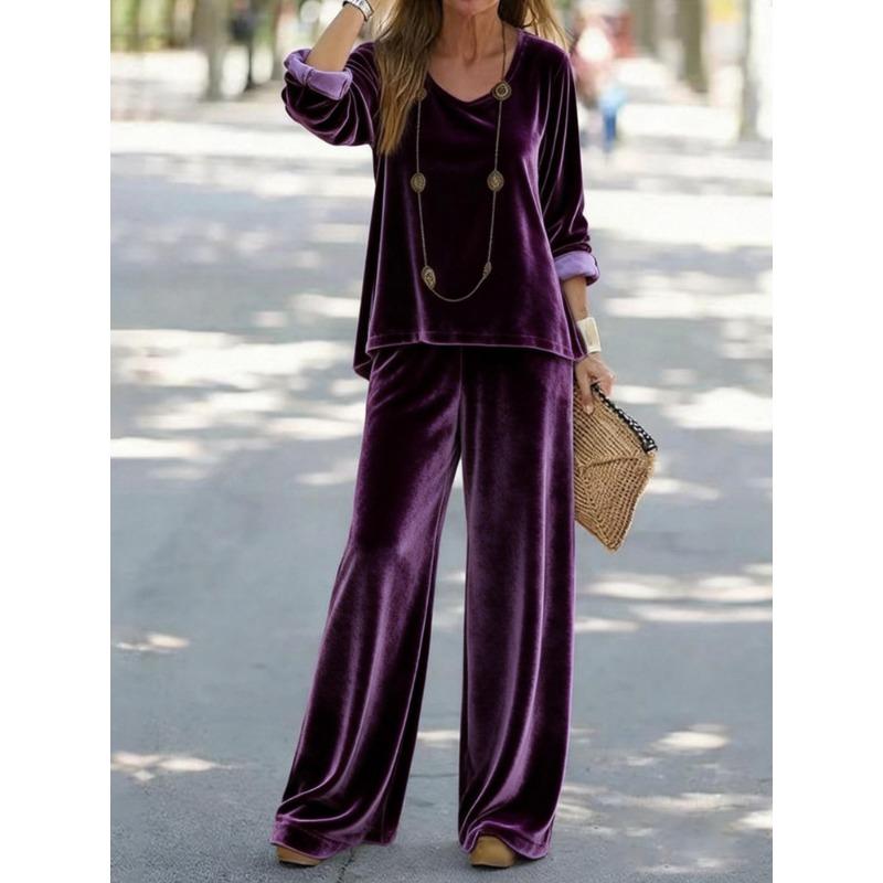 New Women's Casual V-neck Pullover Long Sleeves and Trousers Velvet Multi-color Women's Suit