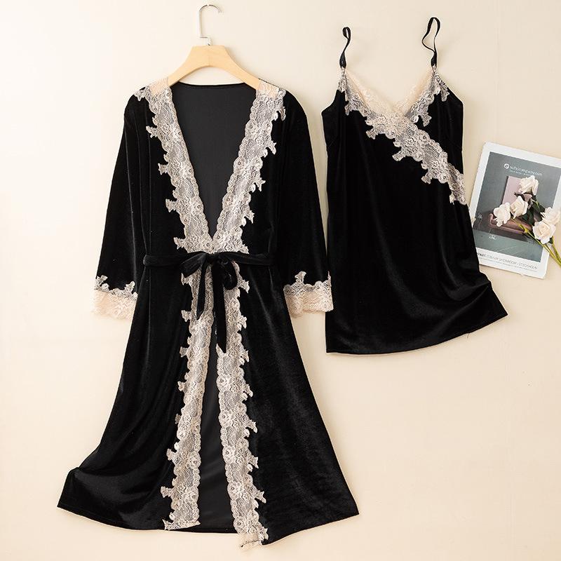 New Autumn Velvet Pajamas Two-piece Robe Set Feminine Lace See-through Robe Bathrobe Casual Velvet Home Clothes