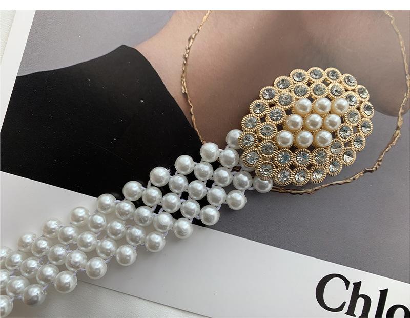 Elegant Elastic Waist Belt For Dresses Featuring Decorative Pearl And Rhinestone Accents