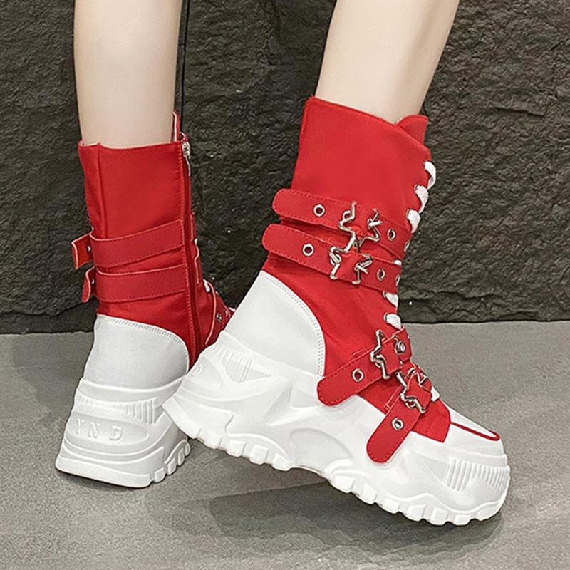 Modische Klobige Plateau-Stiefel Damen Punk Stern Schnallenriemen High Top Sneakers Frau Herbst Winter Dicke Sohle Motorradstiefel