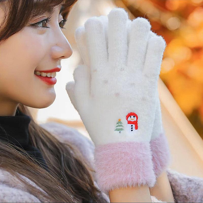 Women's Touch Screen Gloves Embroidered Snowman Cute Imitation Mink Warm Knitted Plush Autumn and Winter Cold-proof Finger Gloves