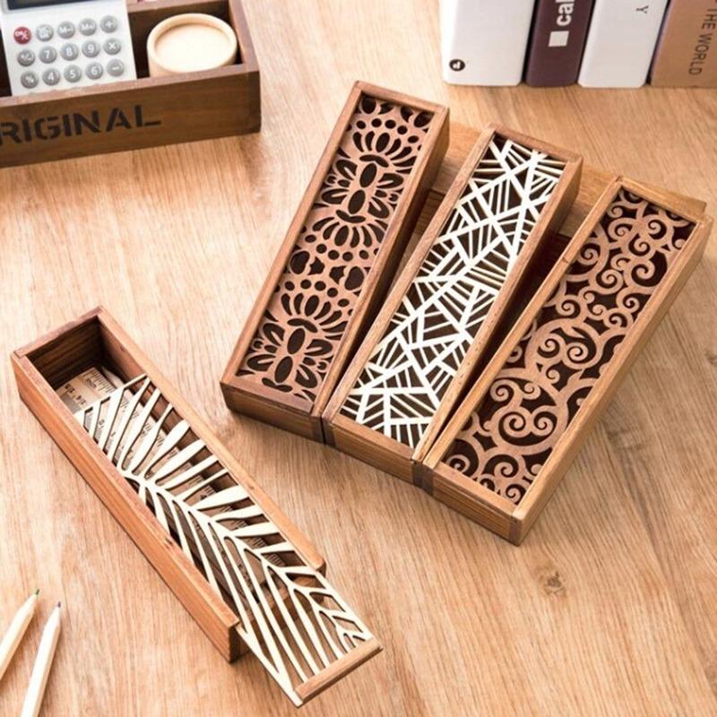 Retro Hollow Wooden Pencil Box Portable Storage Student Cute Multifunctional Stationery Desk Accessories School Study Supplies