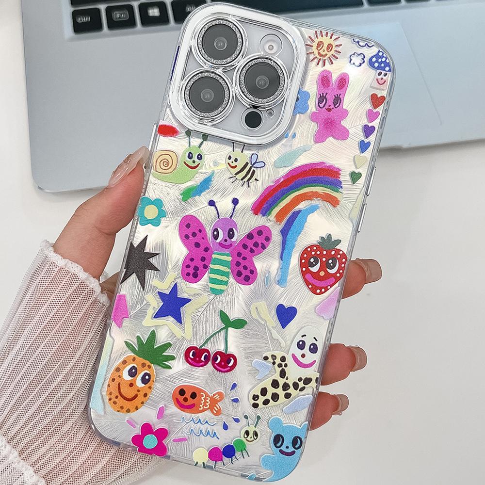 For iPhone 15 Pro Max Case IMD Cartoon PC+TPU Protective Mobile Cover with Glass Lens Film