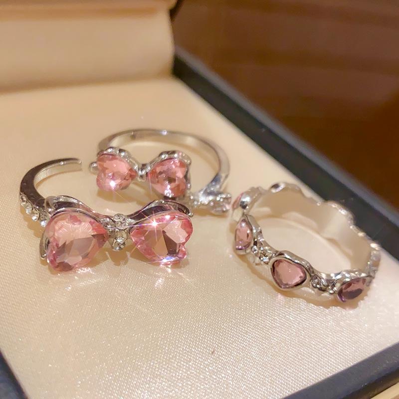 Korean Rhinestone Heart Bow Open Ring - Elegant Luxury Jewelry for Women