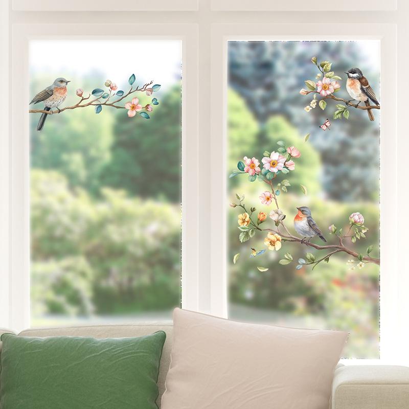 Rosa Blumen Vögel auf Ast Wandaufkleber Selbstklebende Dekoration für Wohnzimmer Schlafzimmer Heimdeko