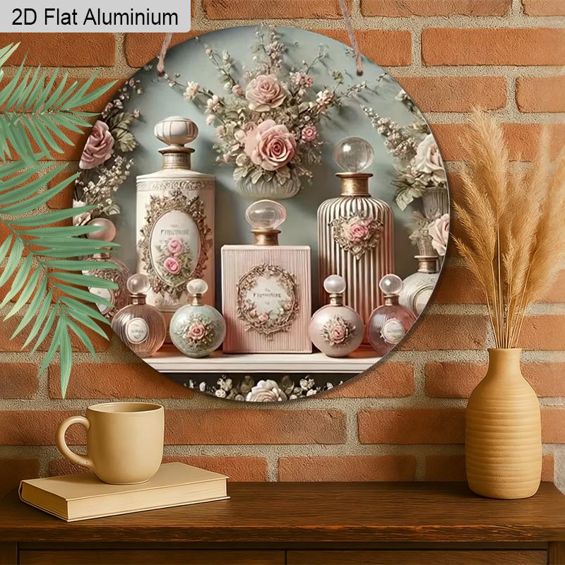 2D Flat 1pc Vintage Perfume Aluminum Sign Round Ornament - Embossed Floral Design Art, Home Office Bedroom Balcony Decor, Indoor/Outdoor Door Wall