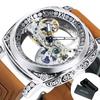 Forsining Royal Golden Bridge Skeleton Automatic Mechanical Watch for Men Luminous Hands Retro Engraved Luxury Mens Watches