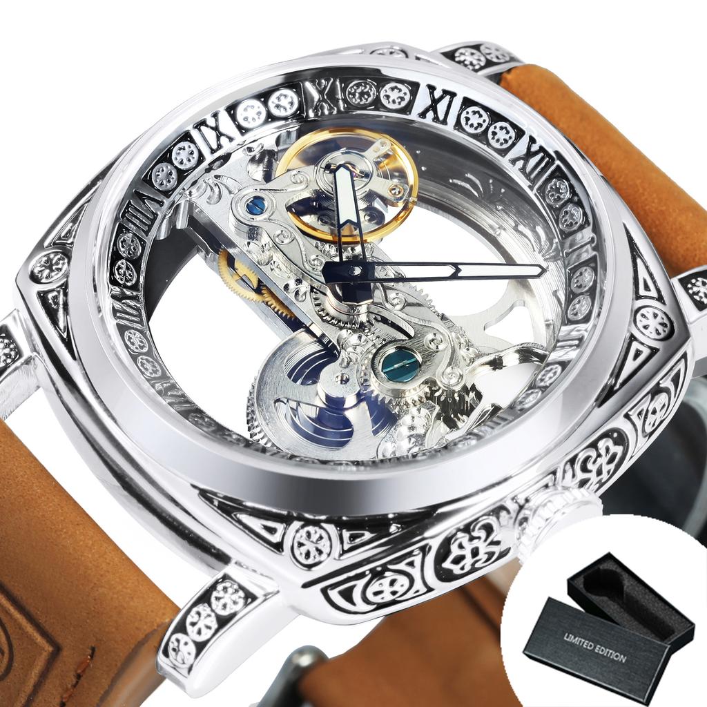 Forsining Royal Golden Bridge Skeleton Automatic Mechanical Watch for Men Luminous Hands Retro Engraved Luxury Mens Watches