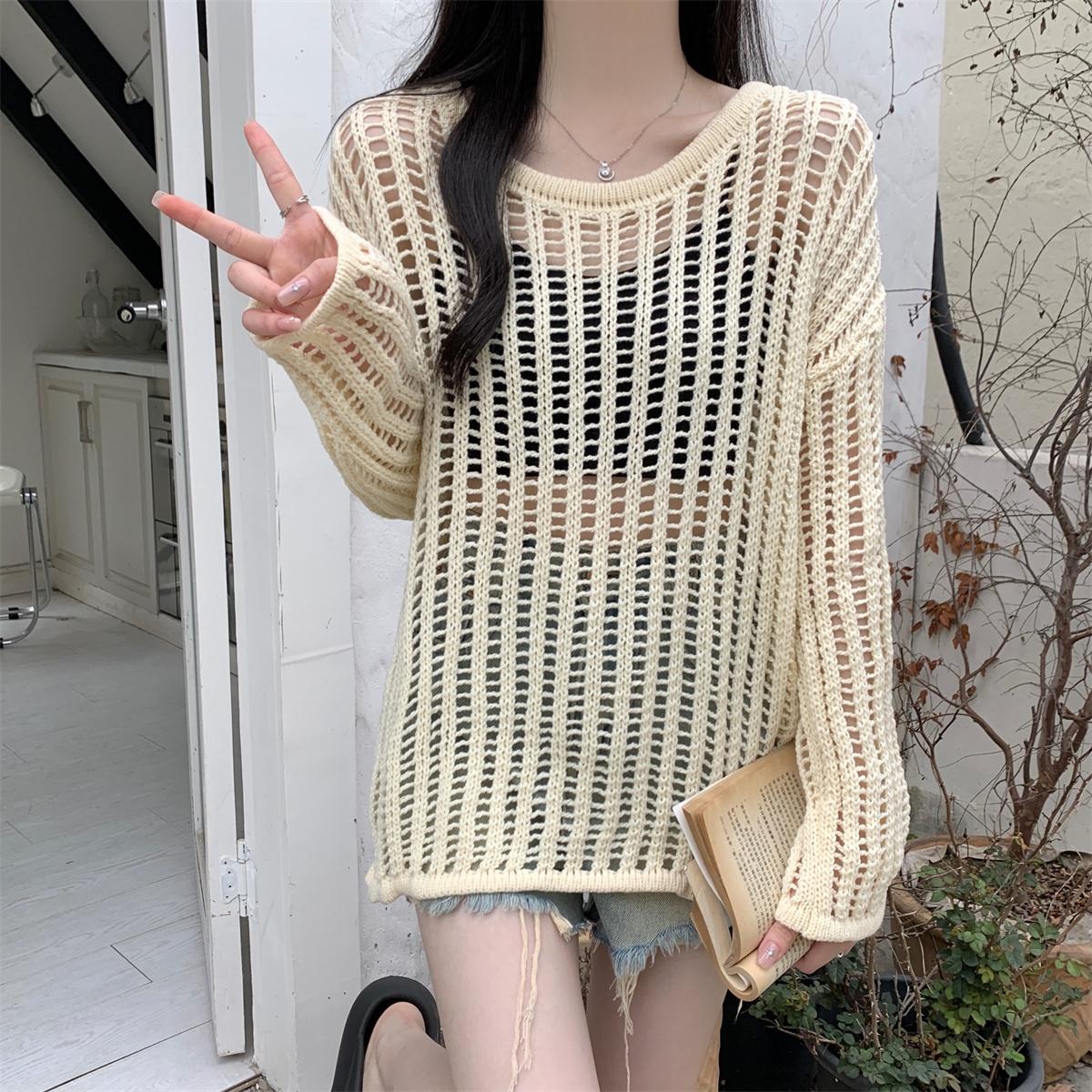 

Летняя свободная блузка средней длины с длинными рукавами и солнцезащитным кремом в корейском стиле, вязаный женский топ с длинными рукавами onesize абрикосовый